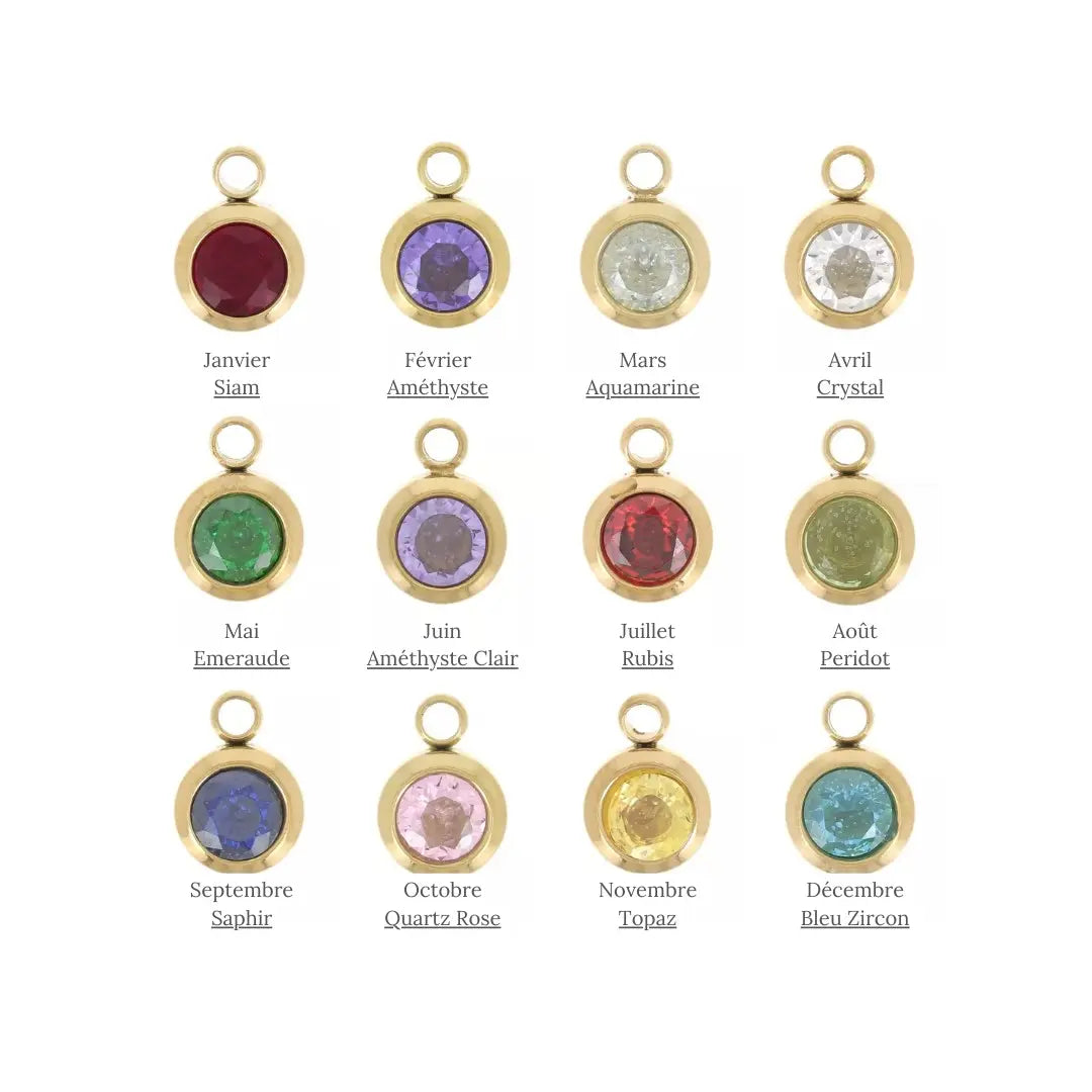Tableau de correspondance de la fleur selon le mois de naissance. Janvier avec siam, février avec améthyste, mars avec le aquamarine, avril avec le crystal, mai avec l'émeraude, juin avec l'améthyste clair, juillet avec le rubis, août avec le péridot, septembre avec le saphir, octobre avec le quartz rose, novembre avec le topaze et décembre avec le zircon bleu.