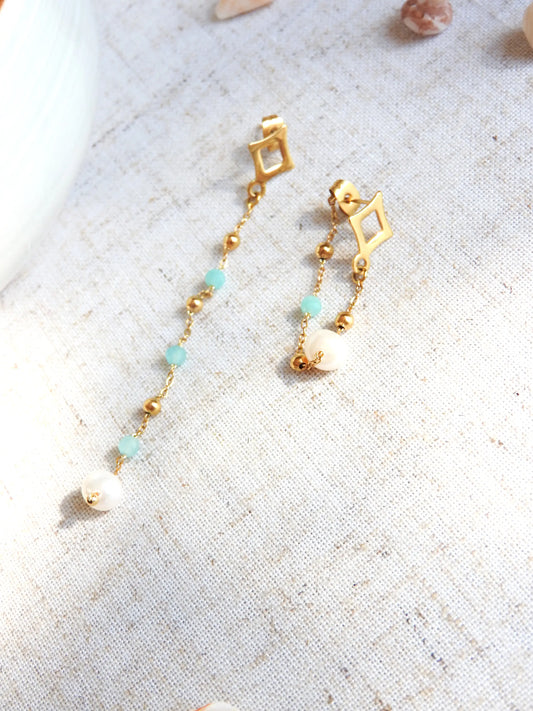 boucles-oreilles-pendantes-chaines-asymetriques-perles-acier-inoxydable-dore-et-perles-de-verre-turquoise-eau-douce-a-plat-maina
boucles d'oreilles clous losange en acier inoxydable doré. Chainettes pendantes asymétriques perlées en acier doré et perles de verre turquoise et perles d'eau douce blanche. Bijoux posés à plat sur une nappe beige.