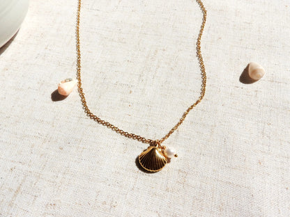 Collier chaîne fines mailles en acier inoxydable doré. Bijou orné d'un double pendentif coquillage en acier doré et une perle d'eau douce blanche. Bijou posé sur une nappe beige décorée de coquillages de mer. 
