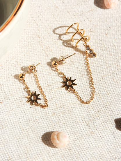 deux mono-boucles d'oreilles dont une avec une triple bague d'oreille ornée d'une barre avec 3 pierres en oxyde de zirconium. Bijoux ornés d'un soleil en intercalaire en acier inoxydable doré. Bijoux posés à plat sur une nappe beige décorée de coquillages.